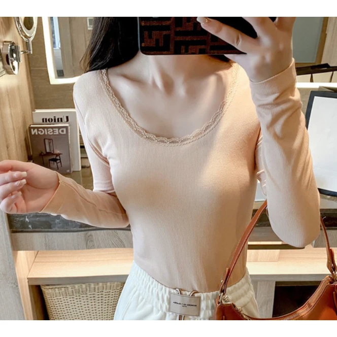 nd1129圆点女装爆款柔软修身面膜衣蕾丝边内搭打底无痕保暖