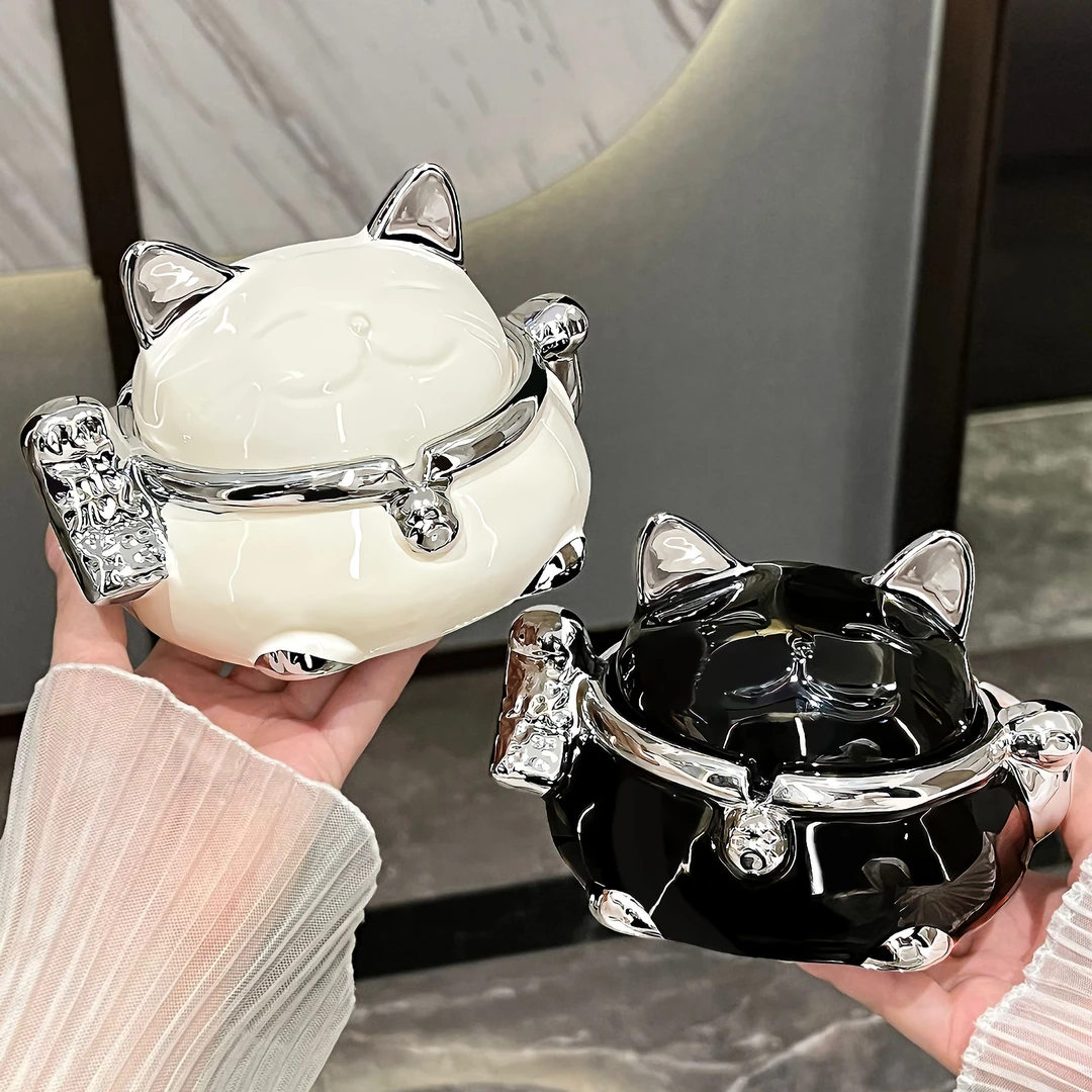 轻奢招财猫烟灰缸带盖防飞灰创意个性客厅家用办公室烟缸高级感