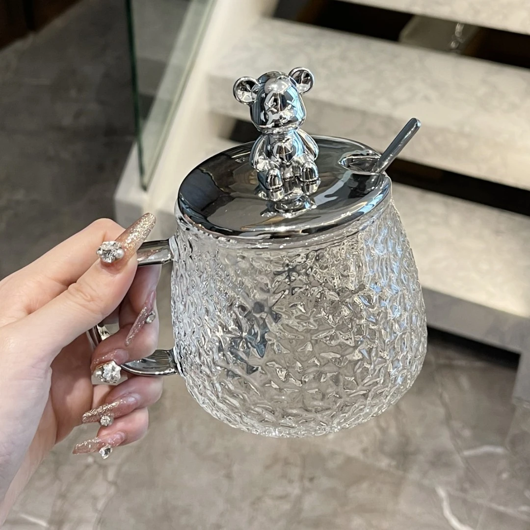 BSD玻璃杯水杯锤纹杯带盖家用手工喝水杯子透明耐高温咖啡杯茶杯