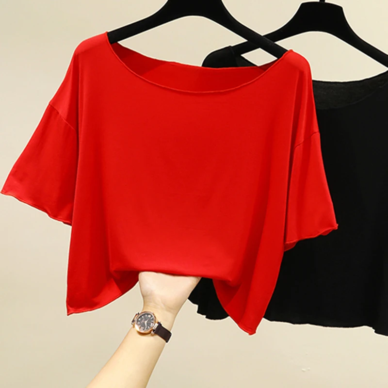 红色莫代尔短袖t恤女 夏冰丝锁骨一字肩宽松大码高腰短款舞蹈上衣