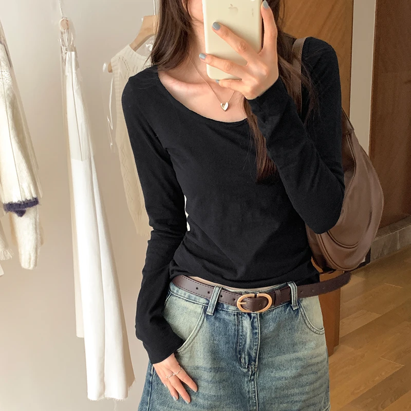 黑色大U领长袖打底衫T恤女春秋韩系修身显瘦百搭纯色内搭短款上衣