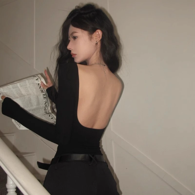 欧美性感辣妹大露背T恤女春季黑色紧身弹力连体衣打底衫长袖上衣