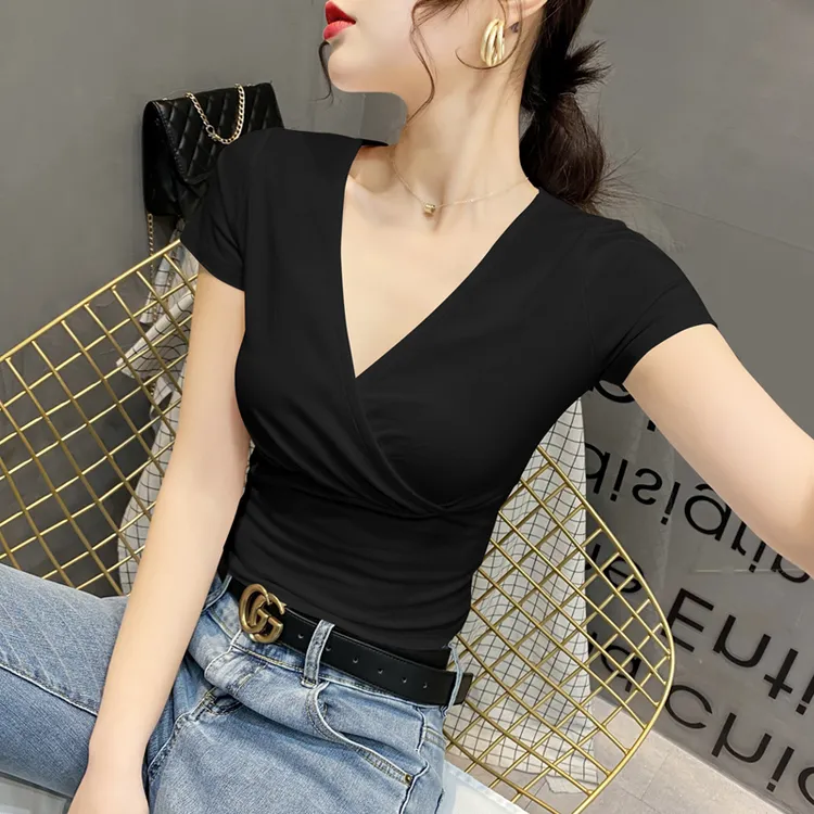 显瘦内搭上衣T恤女雾霾蓝色短袖2023新款低胸v领紧身高腰露脐ins