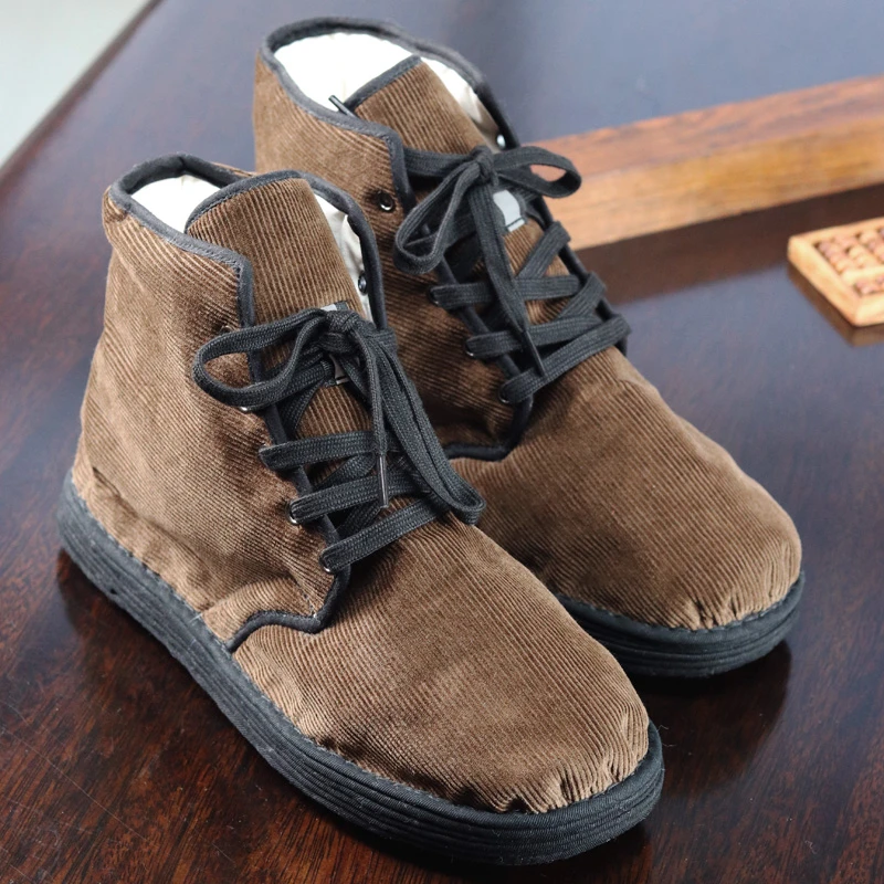 新品千层底棉鞋男女冬加厚保暖高帮系带棕色灯芯绒手工纳底棉布靴