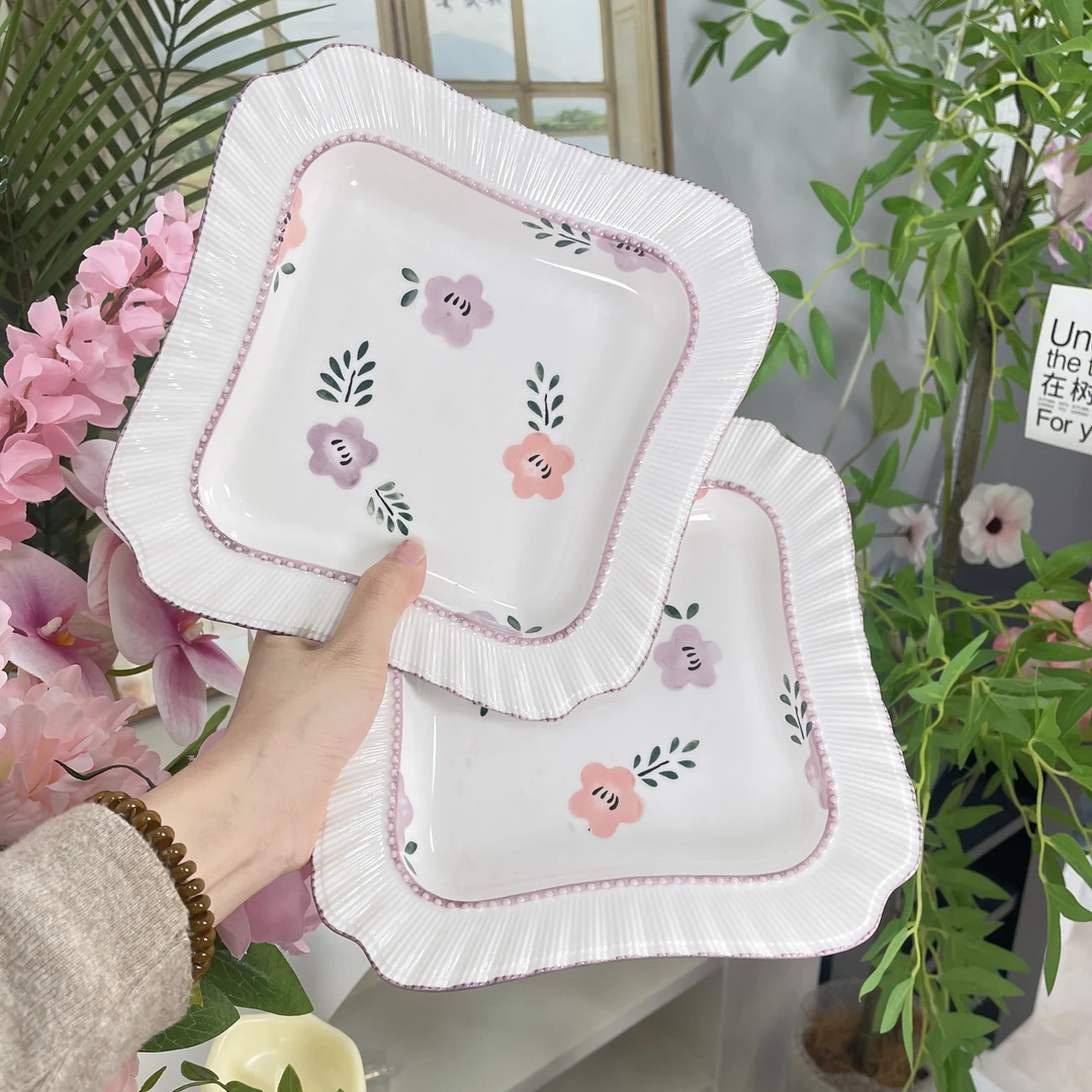 紫萱花陶瓷方盘高档深盘加厚耐高温盘子高颜值创意菜盘