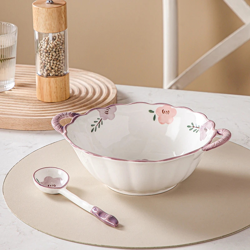 紫萱花家用陶瓷大号双耳汤碗大容量双耳大汤碗