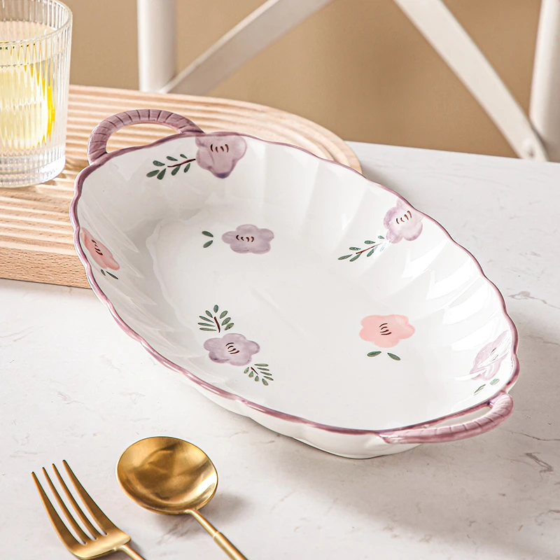 紫萱花鱼盘高颜值菜盘子水果盘加厚蒸鱼盘创意盘子家用陶瓷餐盘