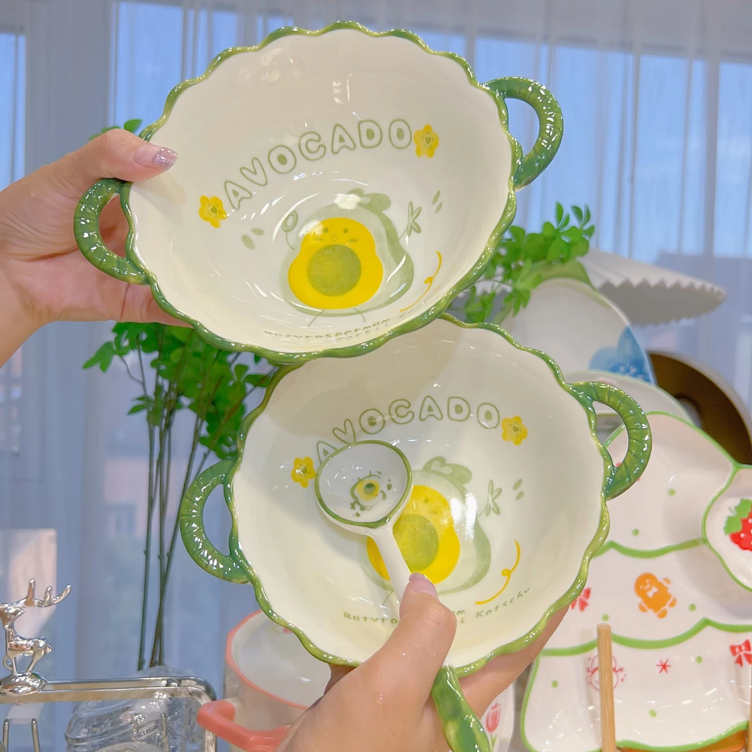 萌趣可爱牛油果双耳汤碗陶瓷碗家用面碗2碗2勺