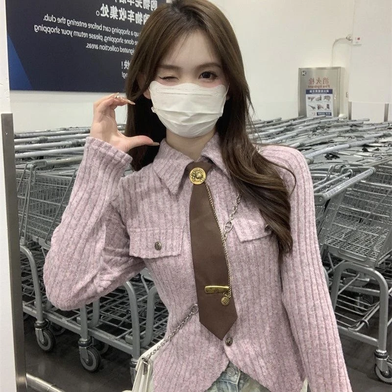 美拉德网红通勤针织打底衫女秋冬款甜辣学院风领带翻领衬衫两件套