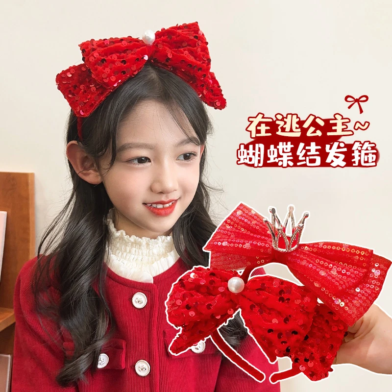 儿童新年发夹女孩可爱喜庆红色蝴蝶结发箍宝宝过年不伤发女童发饰