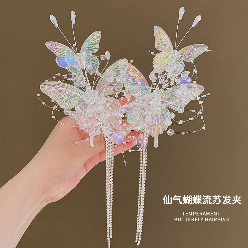 超仙流苏发卡头饰小女孩古风汉服吊坠发夹儿童水晶演出高级发饰品