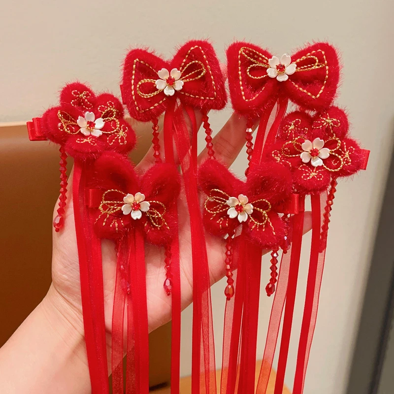 儿童新年头饰女孩红色中国风蝴蝶结飘带发夹宝宝汉服古风女童发饰