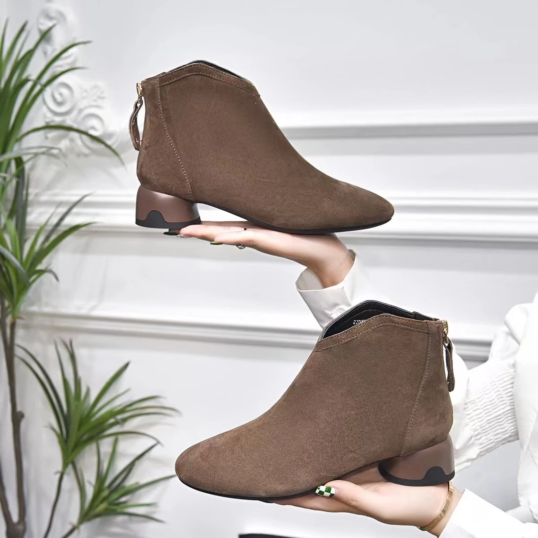 羊皮短靴女秋冬绒面真皮单靴中跟百搭网红皮女靴保暖厚棉加绒