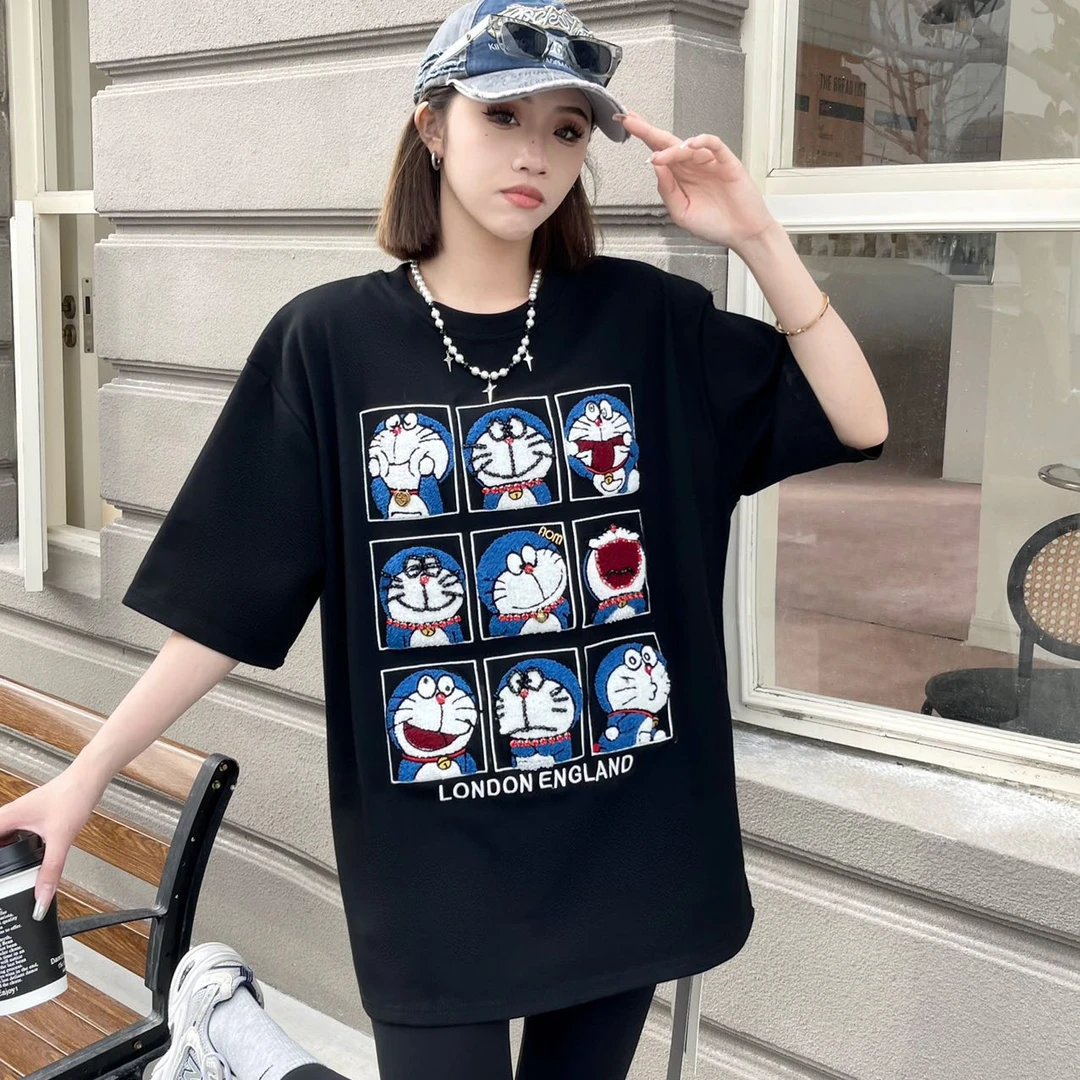 大版加厚款休闲时尚宽松百搭圆领潮流九宫格机器猫短袖T恤设计感