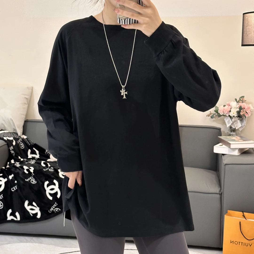 【韩版黑T恤打底】时尚黑色圆领百搭宽松中长款纯色T恤女长袖休闲