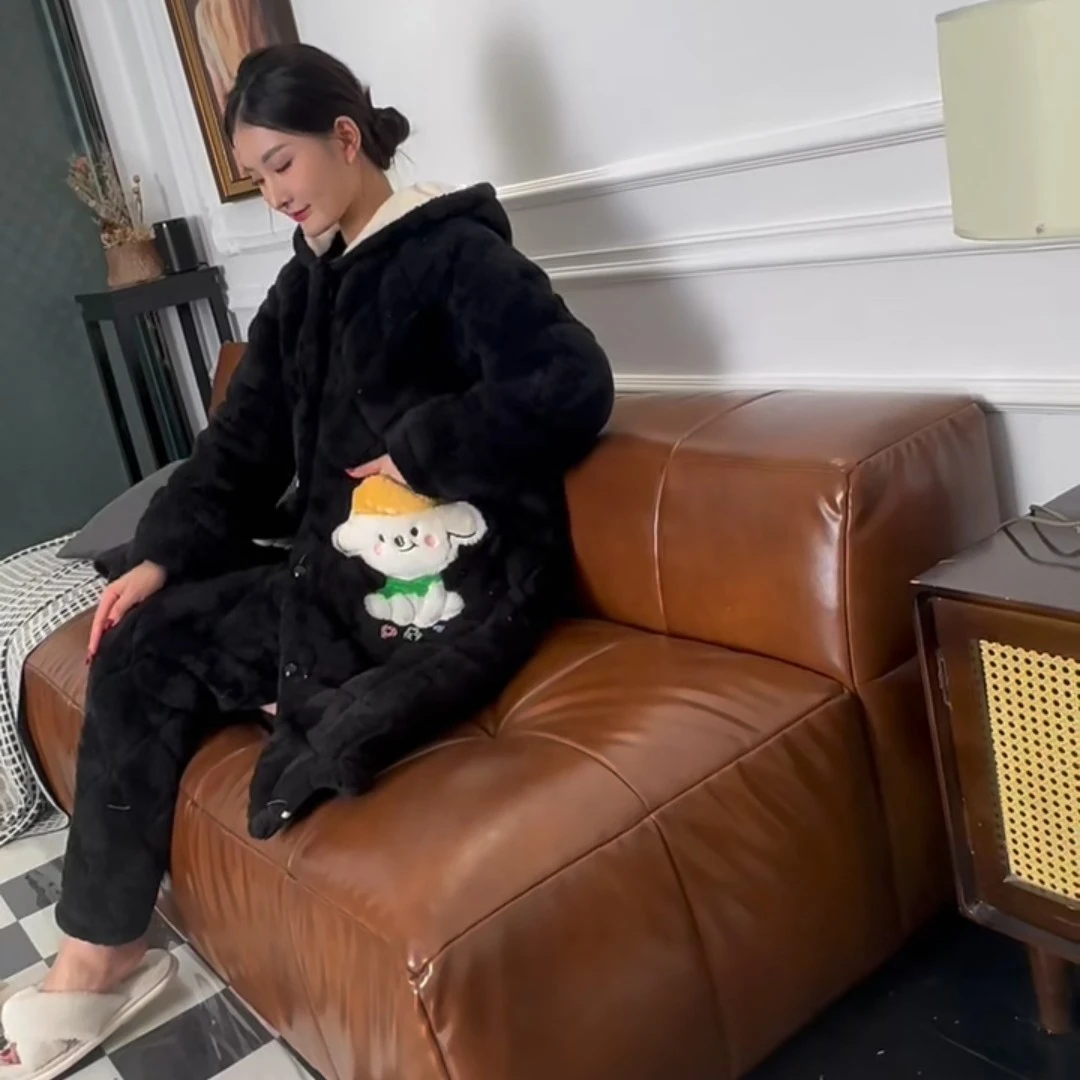 冬季夹棉加厚卡通连帽长袍套装1267-1