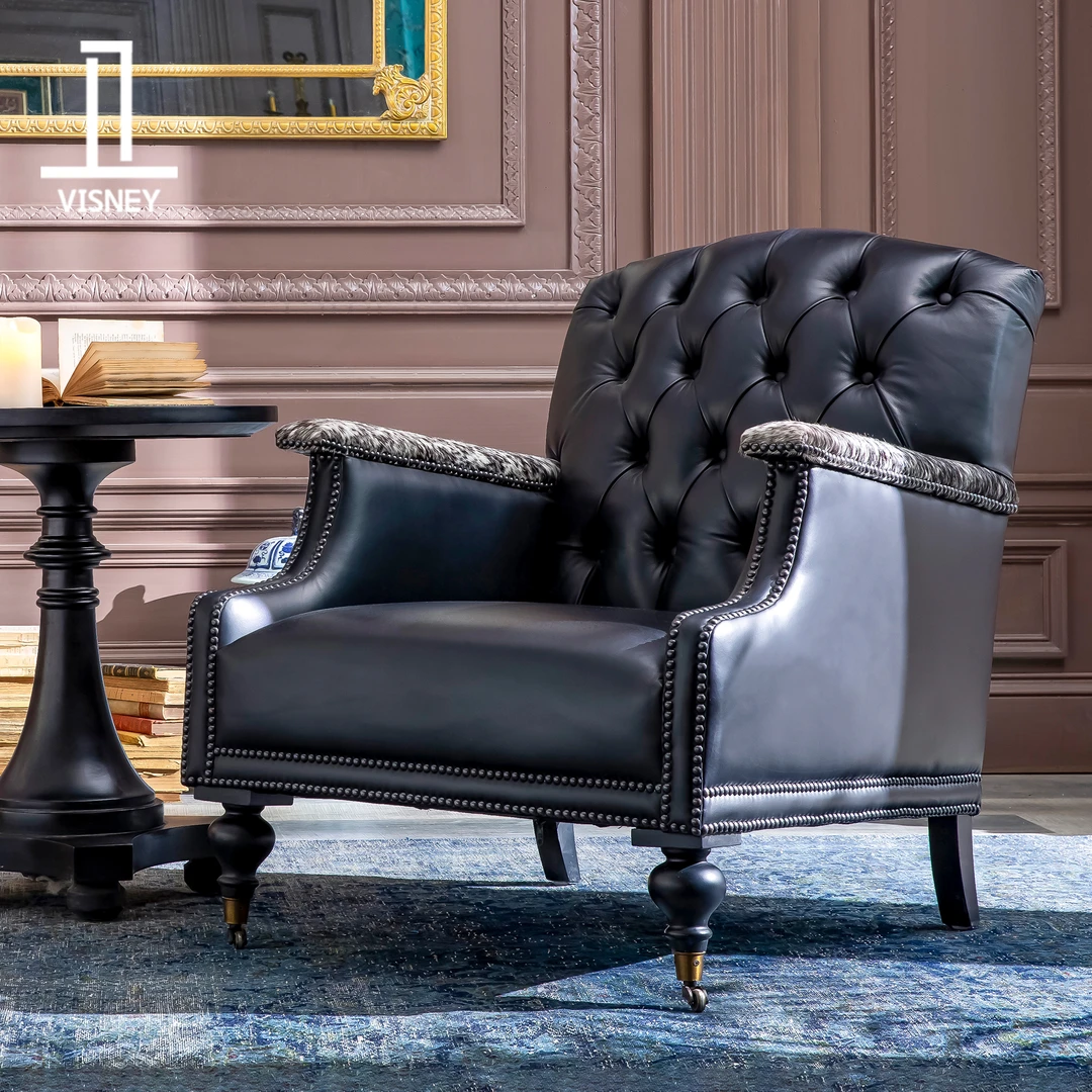 卫诗理复古欧式真皮休闲椅法式中国风实木雕花沙发单人椅雪茄椅C4