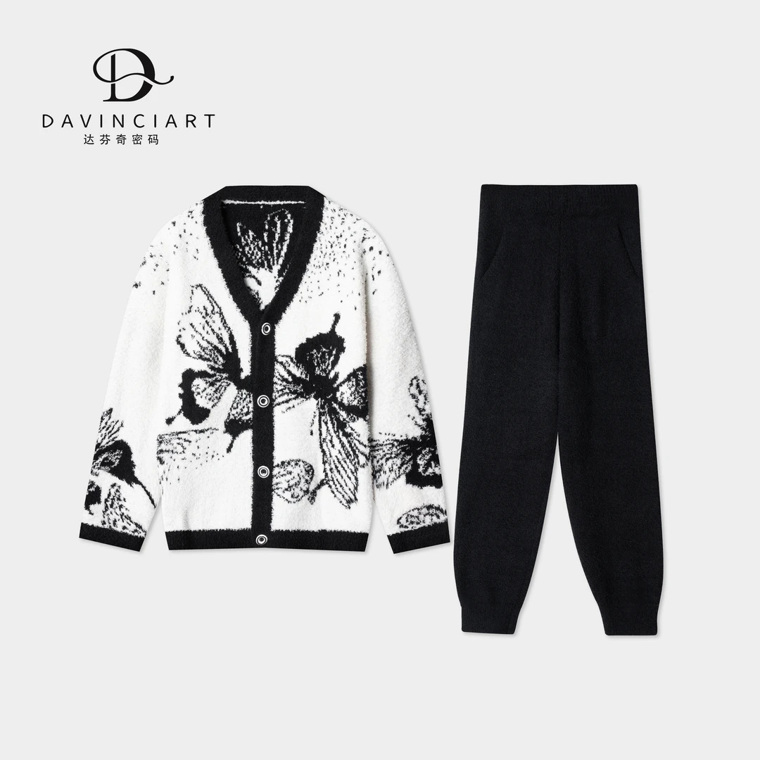 达芬奇密码秋冬新款黑蝴蝶半边绒软绵可外穿轻奢时尚家居服套装