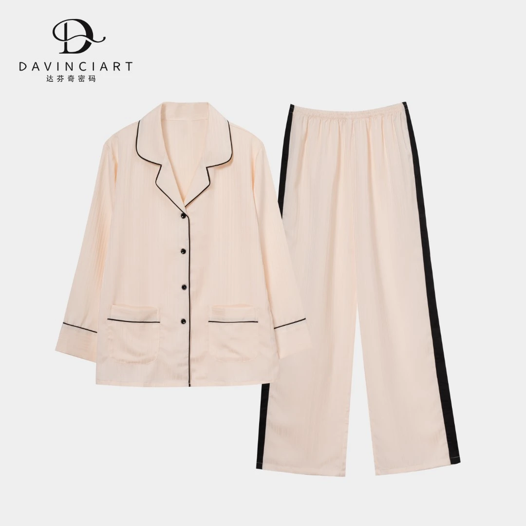 达芬奇密码春夏季新款大码竖条纹女士睡衣长袖宽松透气家居服套装