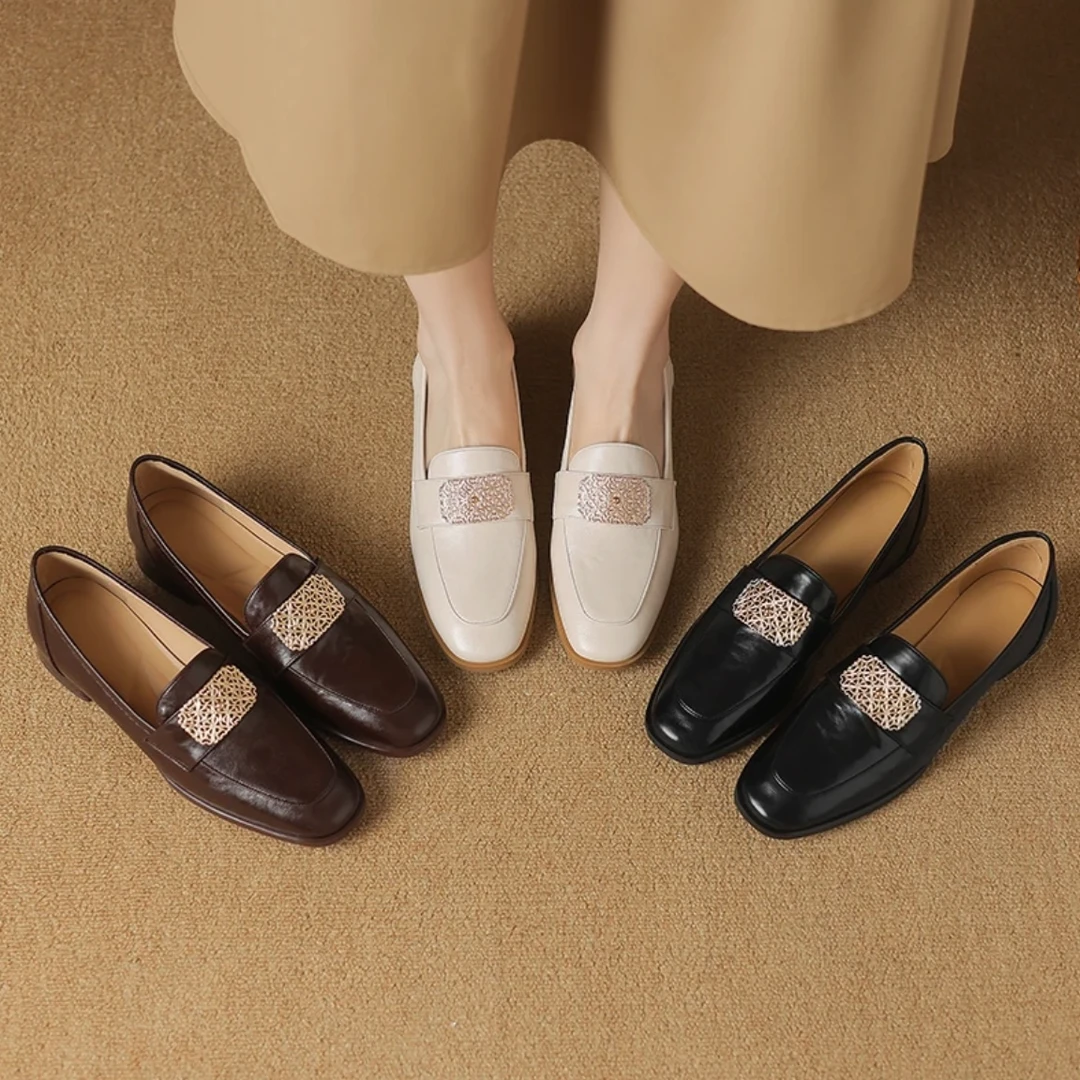 秋季新款真皮粗跟深口单鞋女低跟一脚蹬休闲乐福鞋时尚百搭复古