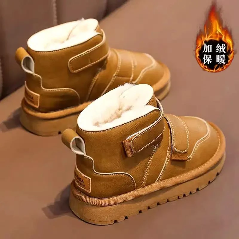 鸿星尔童克儿童雪地靴冬季男童皮面防水6-12岁中大童加绒保暖棉靴