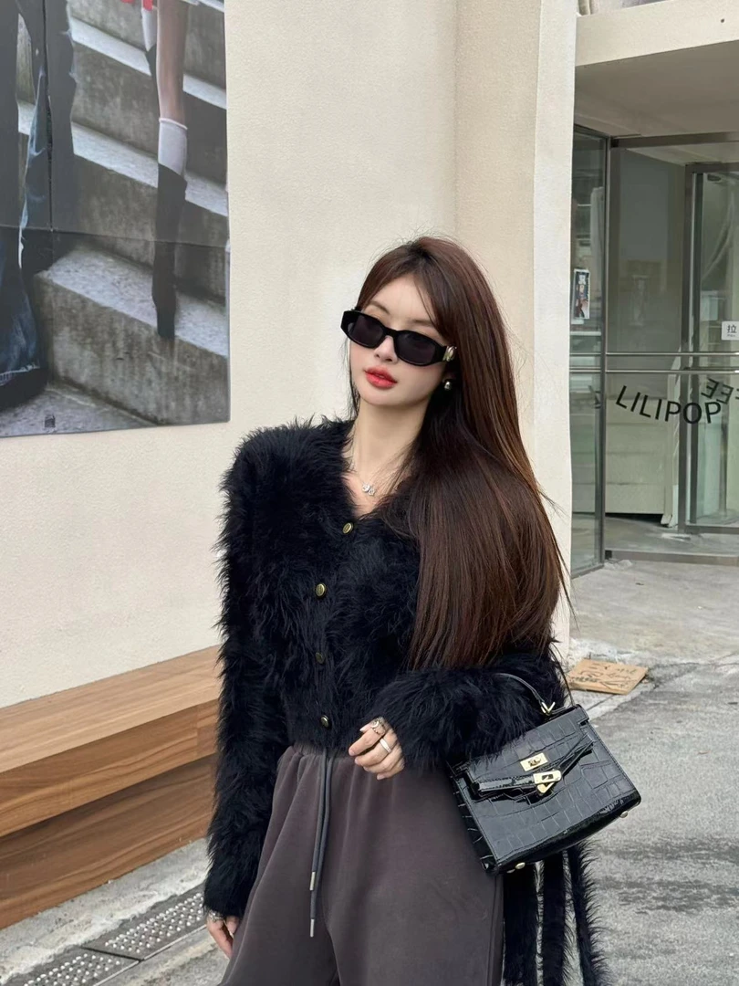 【清仓】韩版设计感修身百搭单排扣V领毛针织开衫外套w4662