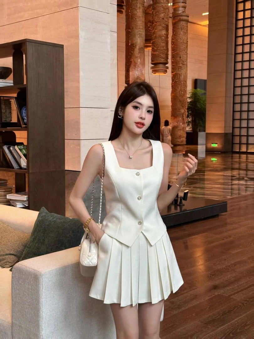 【清仓】甜甜千金少女 修身马甲百褶短裙两件套法式夏季【W1631】