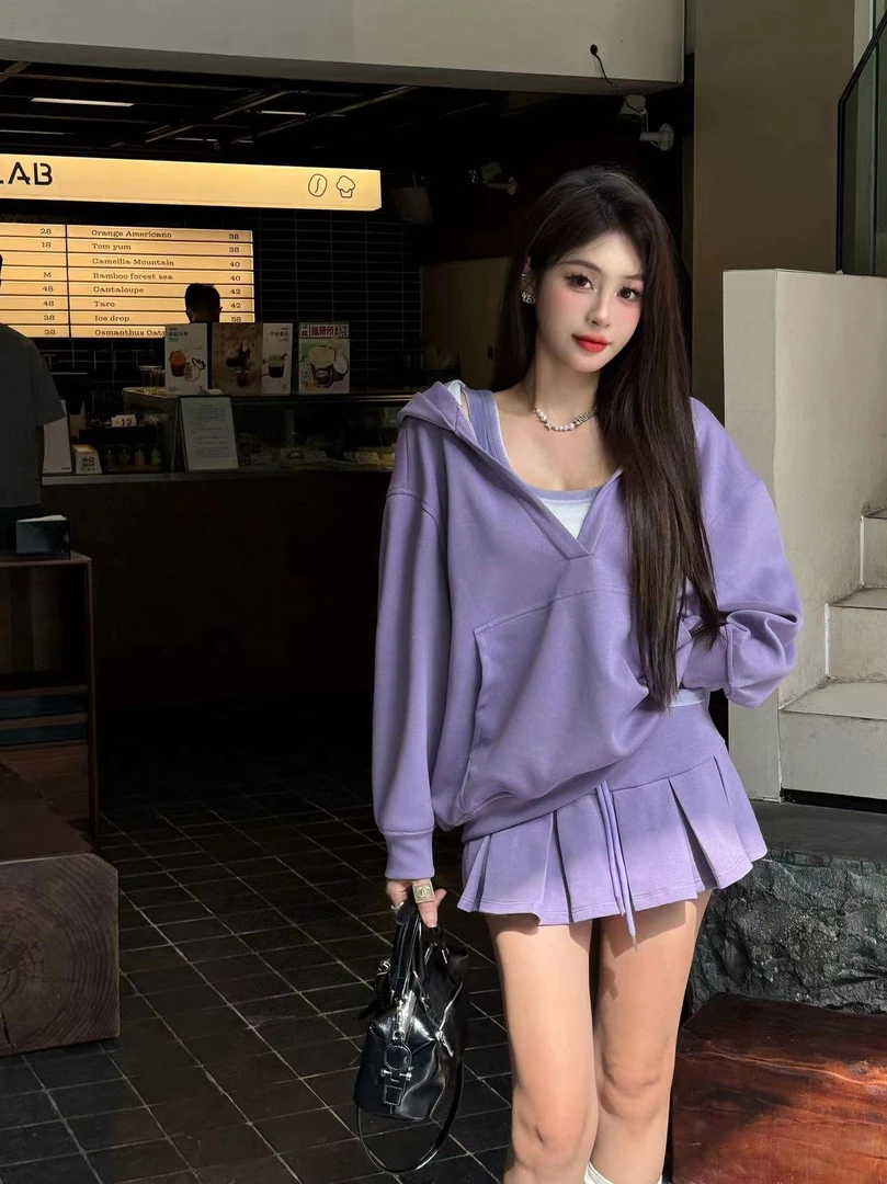 【清仓】纯色连帽卫衣套装女夏季初秋短裙三件套W1856