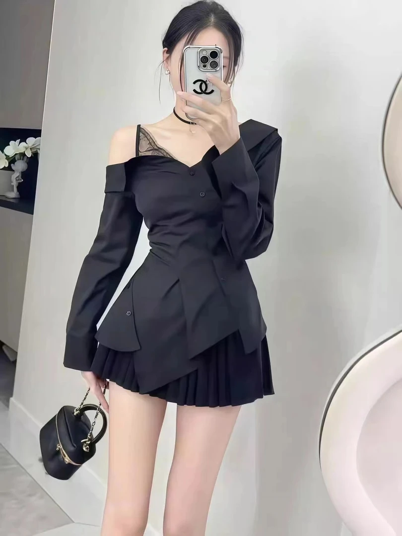 【清仓】新款时尚韩版不规则露肩衬衫显瘦E063