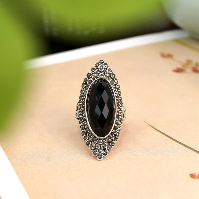 925银戒指 s925泰银蓝戒指复古做旧民族风夸张个性