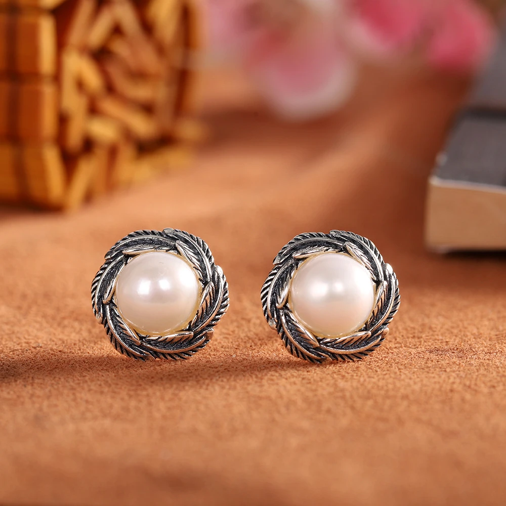 925银耳饰 s925银  泰银复古耳饰饰品做旧女士珠珠耳钉 简约耳环