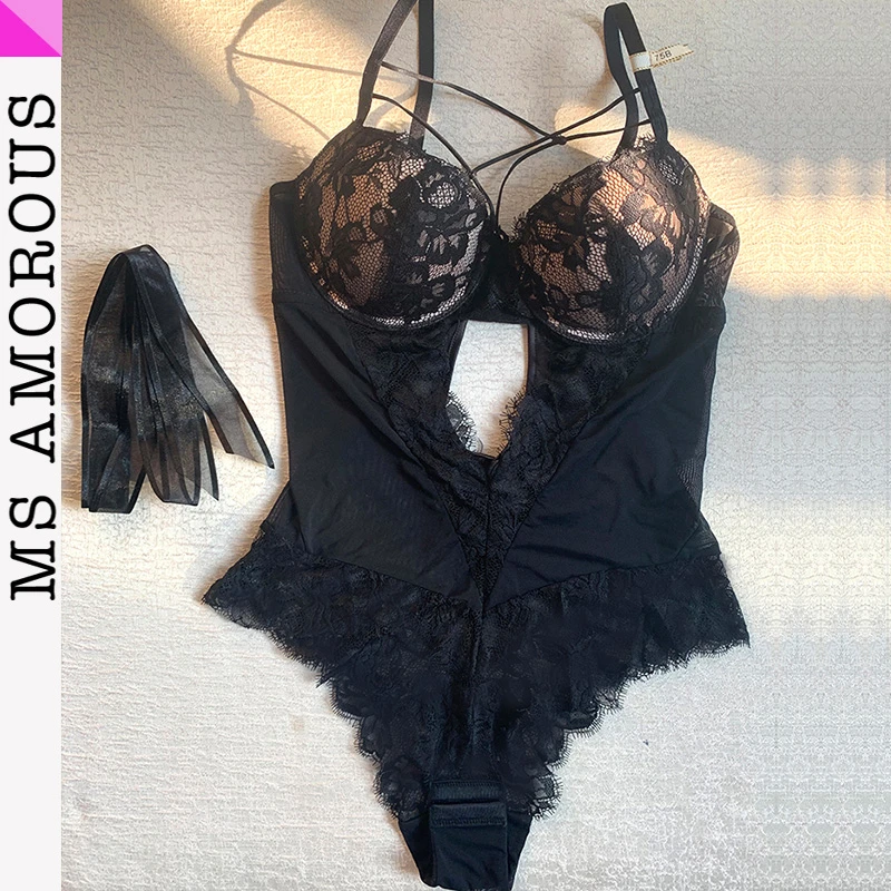 欧美蕾丝修身大码连体束身衣显瘦一体黑色美背女士镂空小胸黑红色