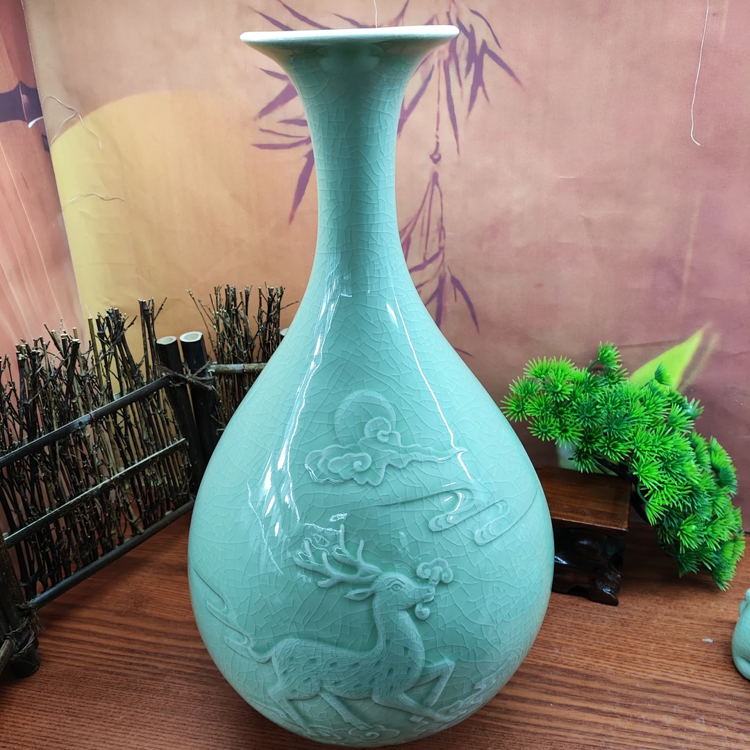 汝瓷高端豆绿玛瑙釉玉壶春，摆件，