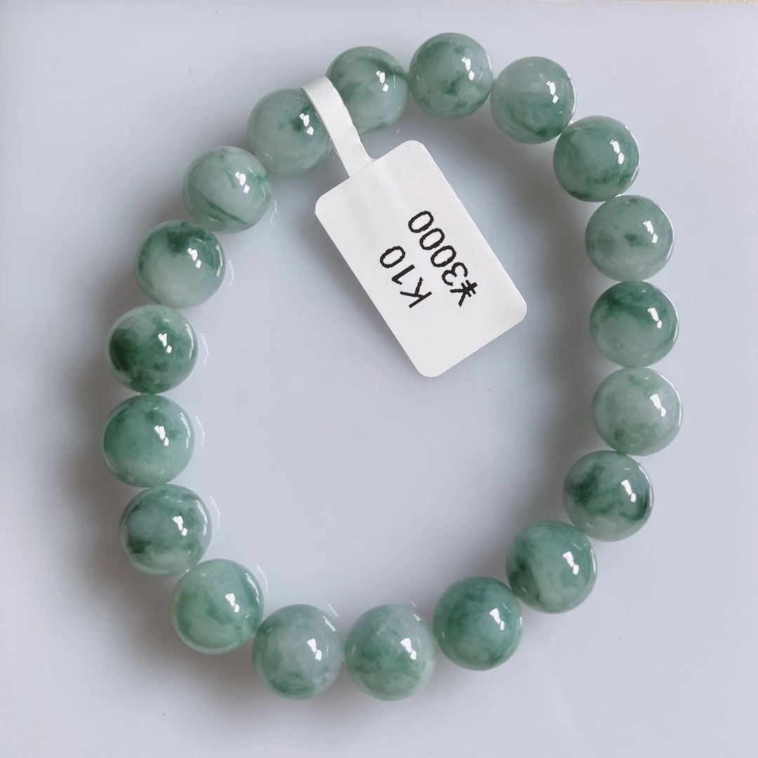 天然缅甸翡翠A货冰胶飘花蓝花圆珠手串卡10女士精美百搭素圈幽灵