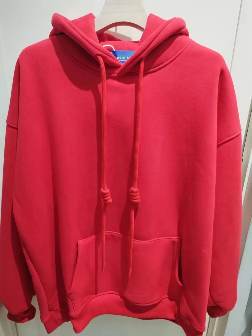 冬季新款大童加绒卫衣时尚红色连帽带帽中性休闲百搭宽松潮流套头