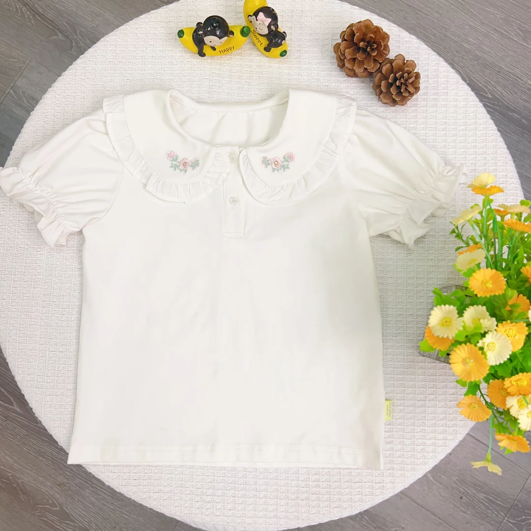 【原韩D】夏季韩版白色蕾丝娃娃领女童夏款棉纯色休闲翻领短袖衬衫