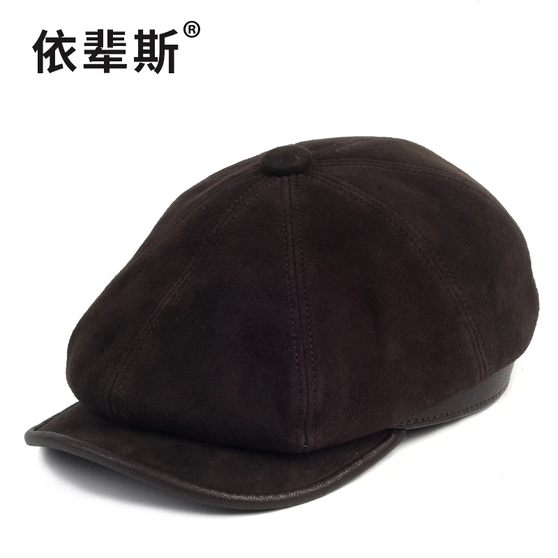 秋冬男士羊皮八角帽中老年复古休闲真皮帽子欧美英伦报童帽画家帽