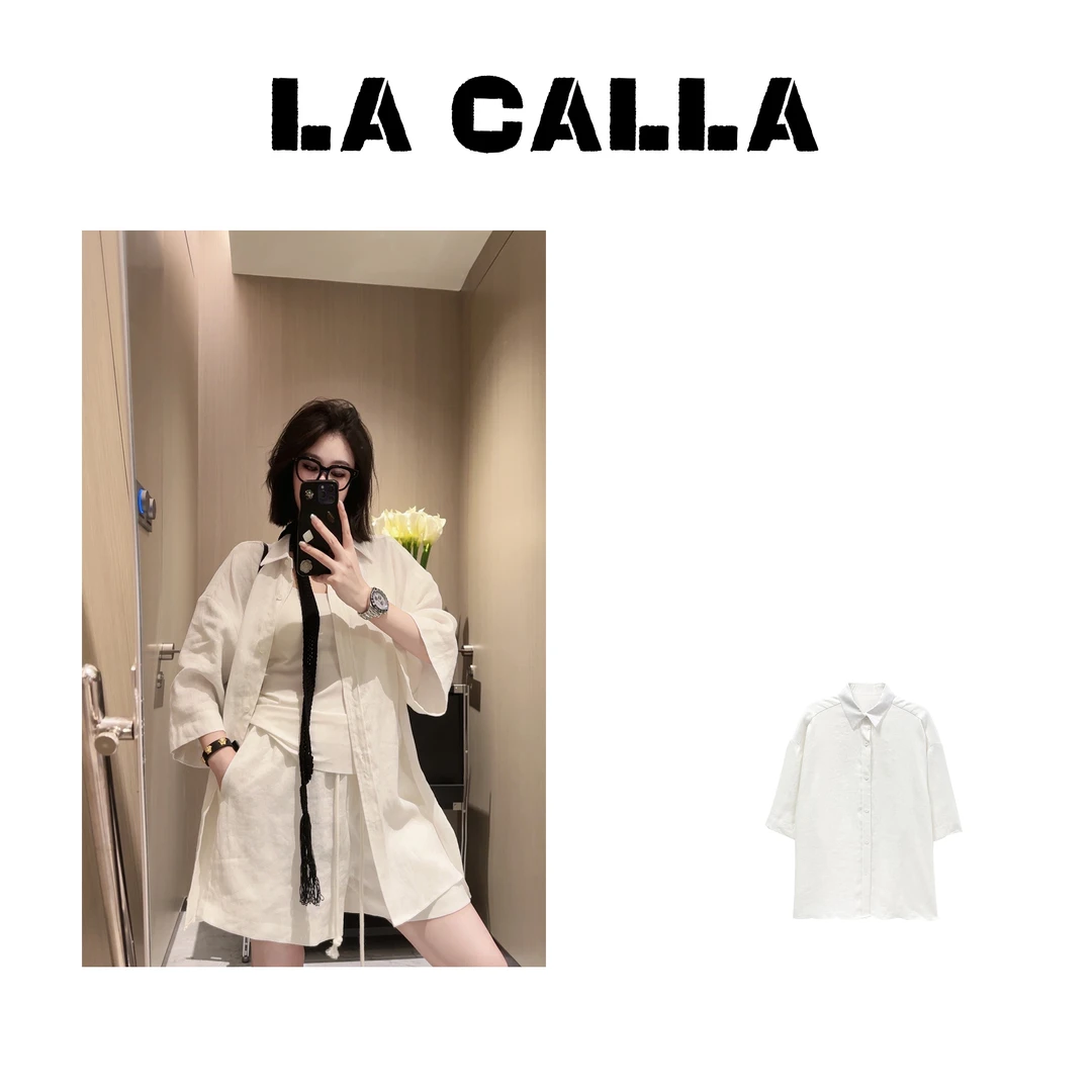 沈球球【通勤衫】百搭亚麻气质白色时尚宽松简约设计感上衣开衫