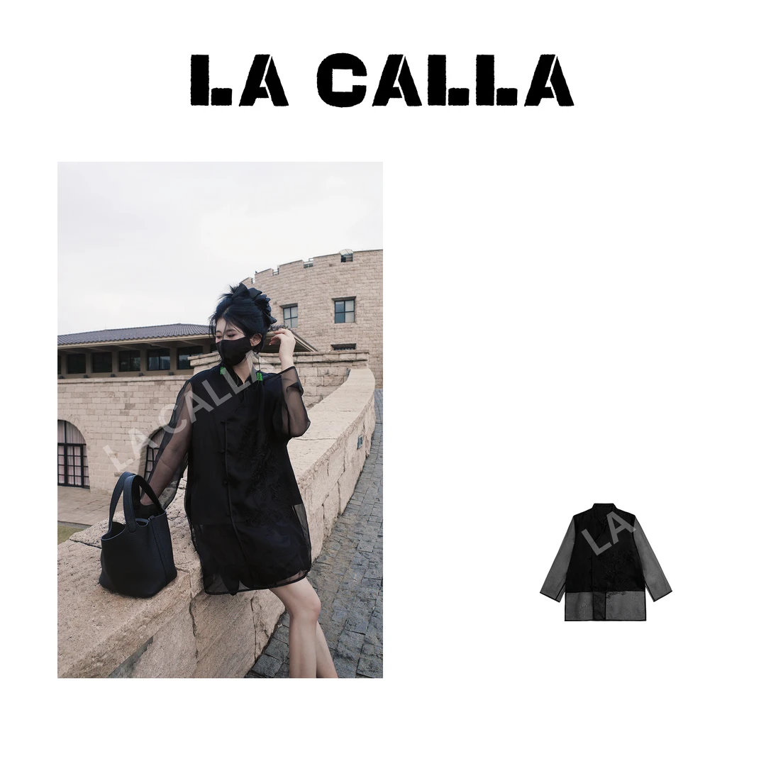 LA CALLA黑旗袍新中式黑色设计宽松百搭长袖衬衫OY392