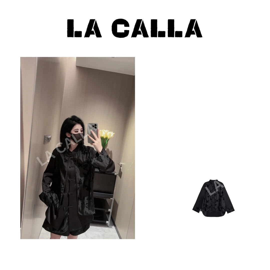 LA CALLA黑嗲蝶新中式蝴蝶刺绣暗纹提花设计感上衣YY844