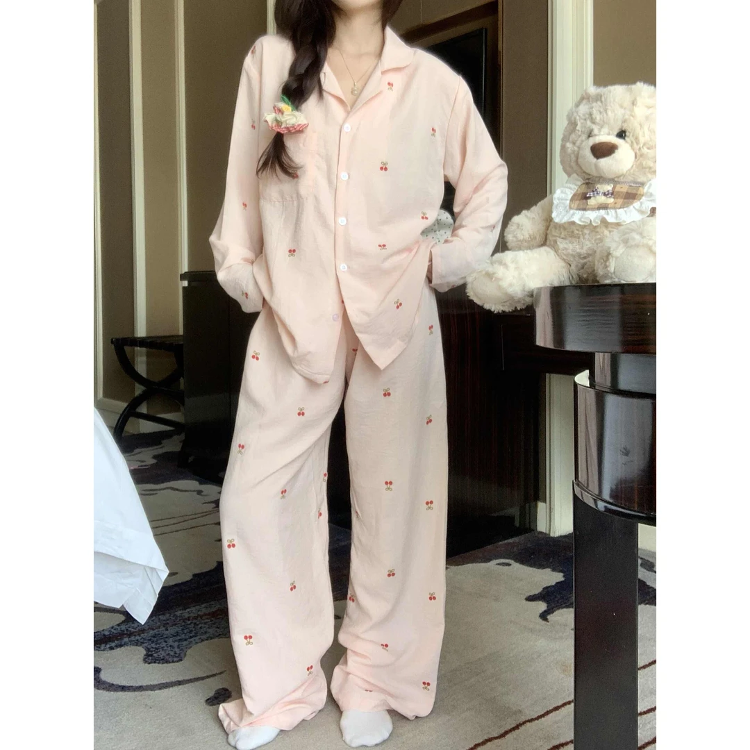 卡通樱桃印花长袖长裤睡衣套装春秋2024新款甜美家居服秋季少女款