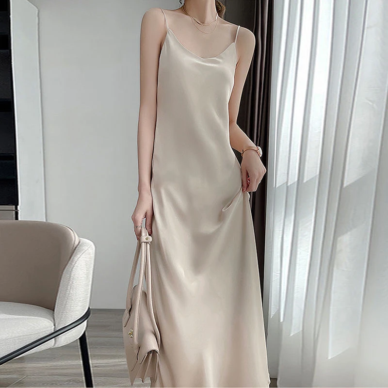 【鱼尾裙】100%过膝加长大码显瘦百搭缎面a字吊带纯色鱼尾长裙女