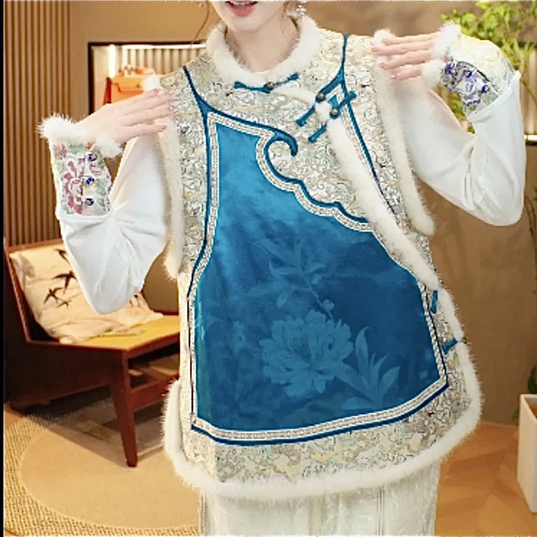 【如卿】新中式国风冬季新款重工夹棉马甲显瘦轻奢加厚毛马甲