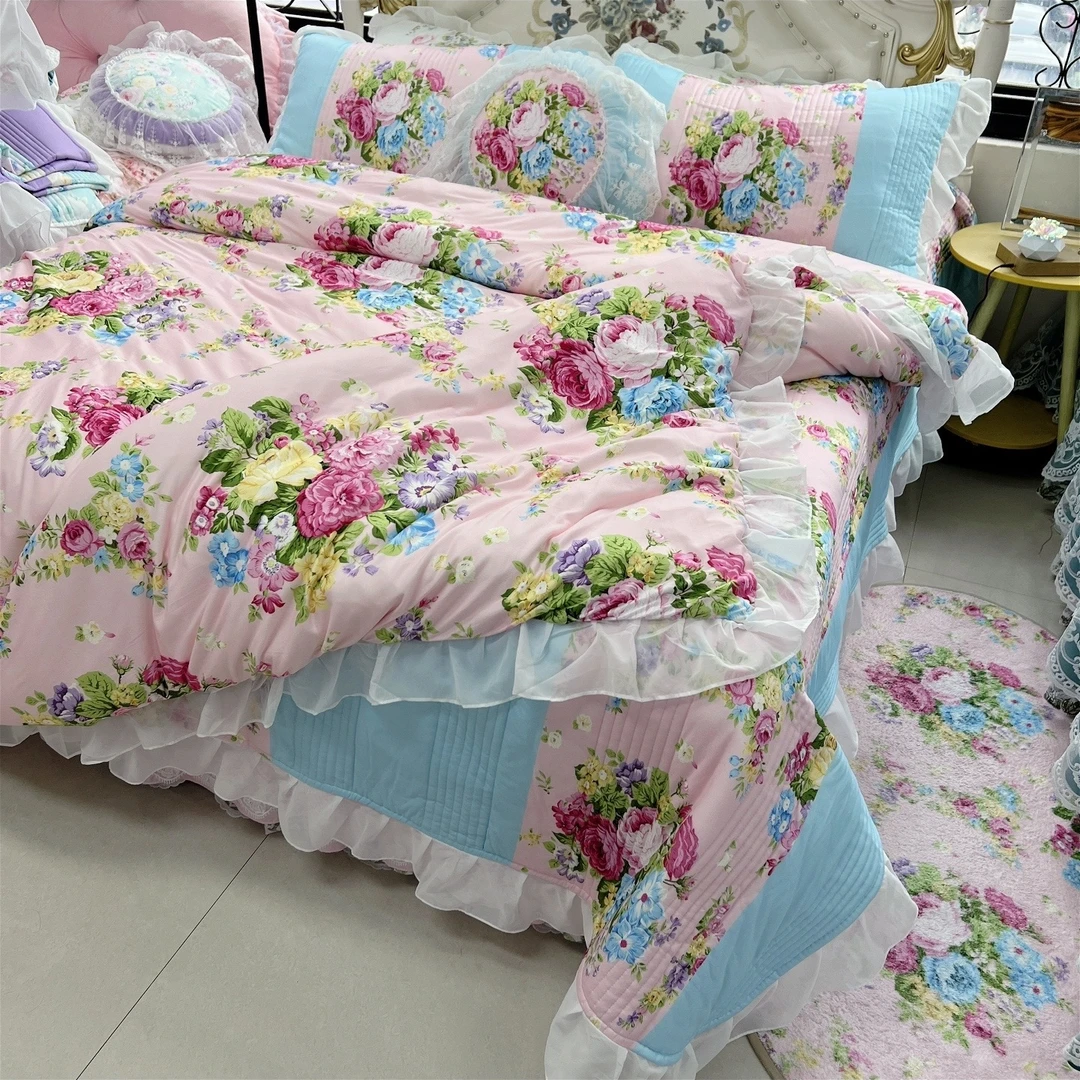 洛可可床盖款针织牛奶丝被套四件套 雪纺花边数码印花软糯