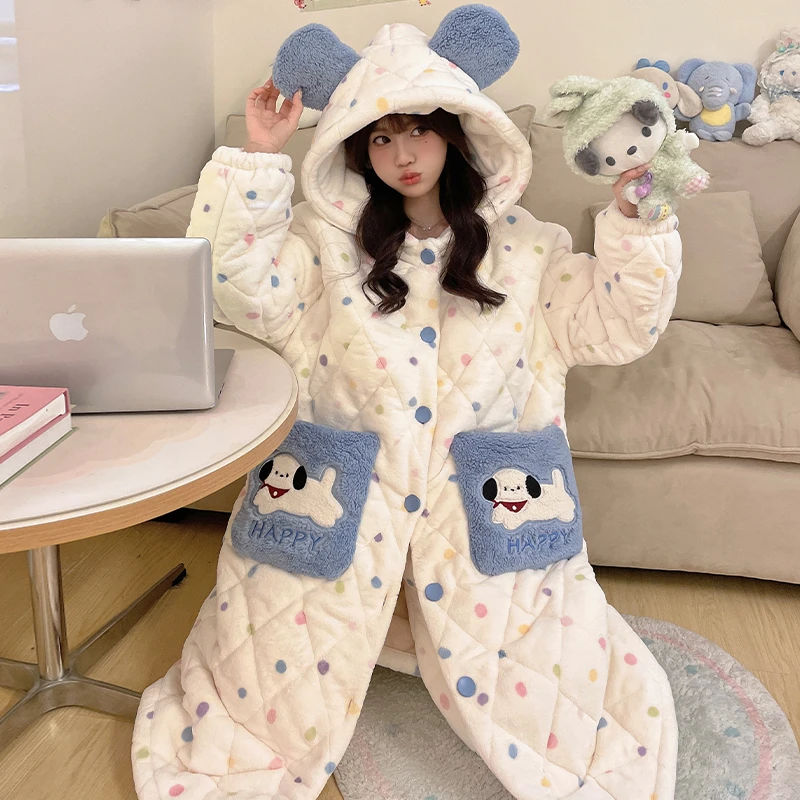 2024新款冬季加绒加厚三层夹棉睡衣女可爱家居服可外穿两件套省服