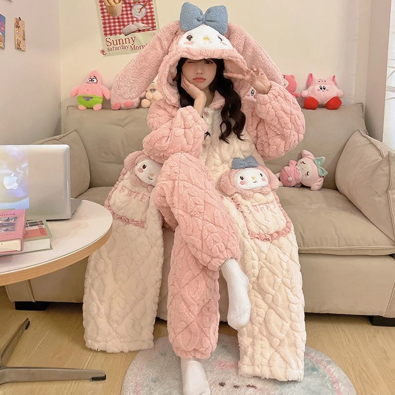 睡袍女秋冬季提花绒三层夹棉加厚加绒卡通连帽睡衣家居服保暖省服