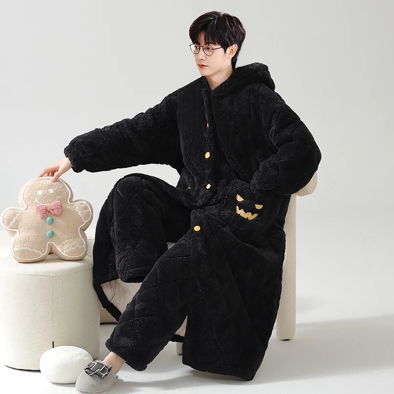 省服2024男士睡袍三层夹棉保暖居家睡衣加绒加厚珊瑚绒家居服套装