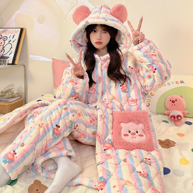 省服三层夹棉睡袍新款珊瑚绒睡衣女秋冬季加绒加厚可外穿家居服