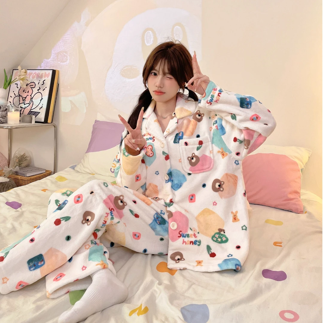睡衣新款女秋冬季加厚套装家居服卡通小熊保暖长袖家居服可外穿女
