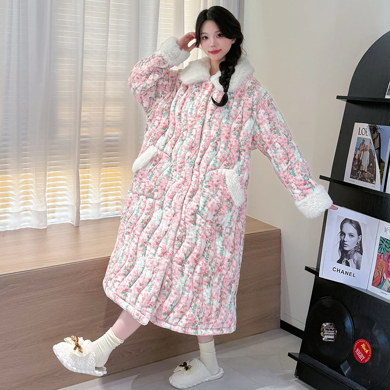 省服2024年新款三层夹棉睡袍女冬季加绒加厚款女士睡衣家居服套装